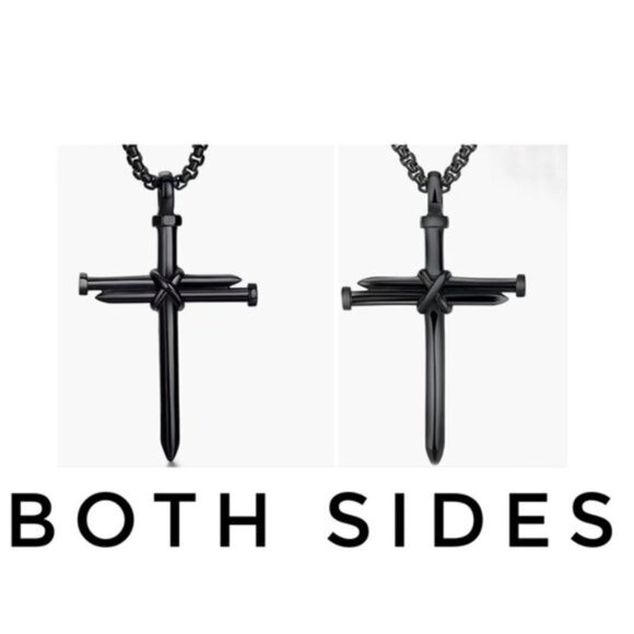 Cross 3 Nail Necklace Religious Statement Piece Pendant Chain w Gift Pouch Black - Picture 4 of 16